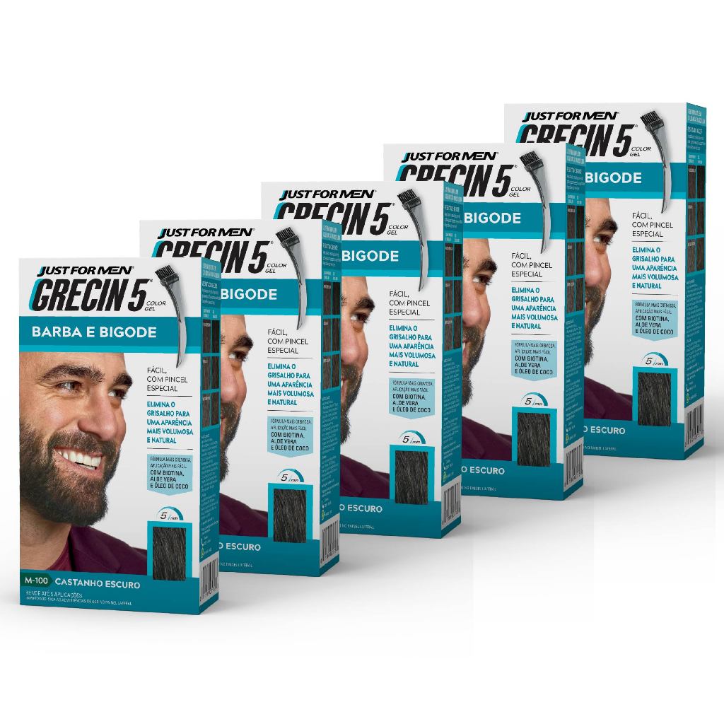 Kit 5x unidades - Grecin 5 Color Gel Barba e Bigode Castanho Escuro M-100 28g - Cobre os fios grisalhos em 5 minutos