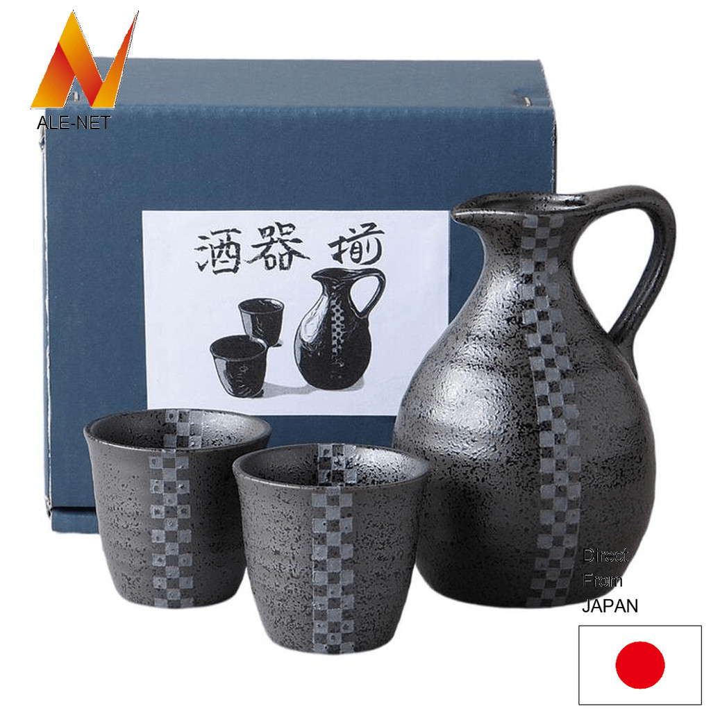 ALE-NET Conjunto de saquê, esmalte preto, prata, garrafa de saquê portátil, porcelana, louça Mino, fabricada no Japão 【Direto do Japão】