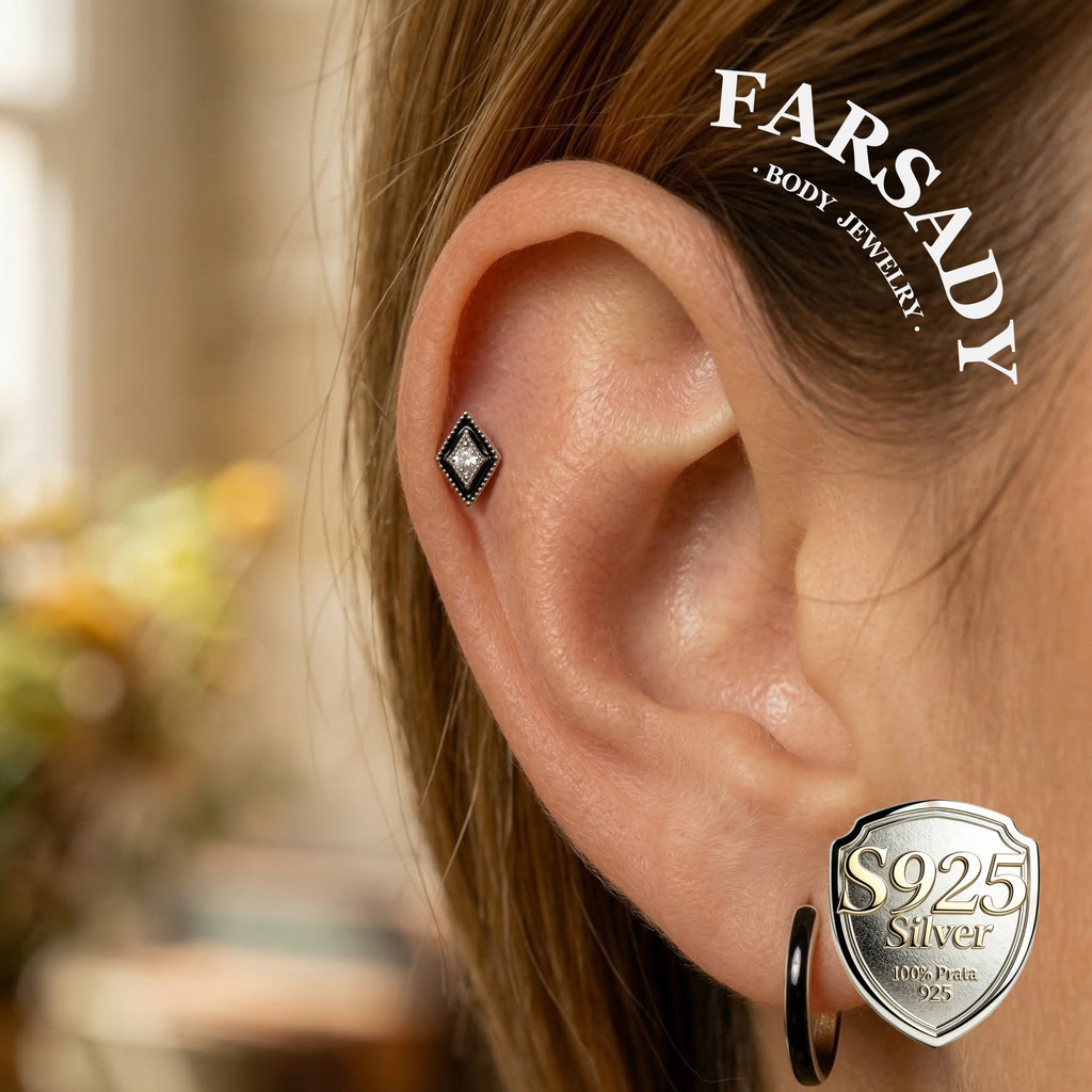Pregos Tragus CZ Esmalte Preto Losango , Brincos Piercing De Hélice De Prata Esterlina , Pino De Pressão Sem Fio De Titâ