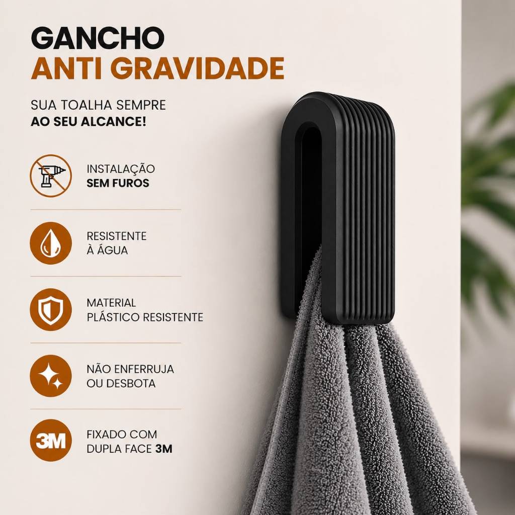 Gancho Cabide Adesivo de Parede com Fita Dupla Face 3M para Toalhas Banheiro Cor Preto Branco Sistema anti gravidade