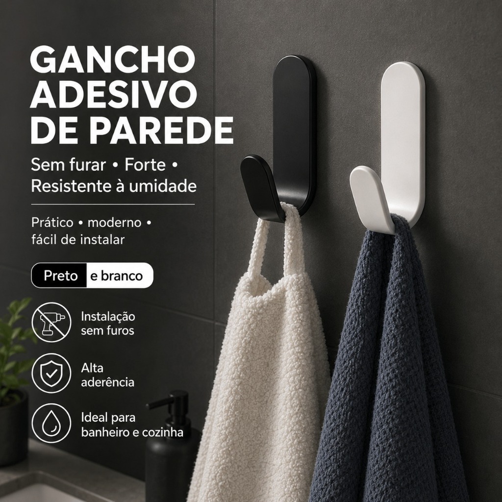 Gancho Adesivo de Parede Sem Furo com Fita Dupla Face Porta Toalha Banheiro Cozinha Preto Branco