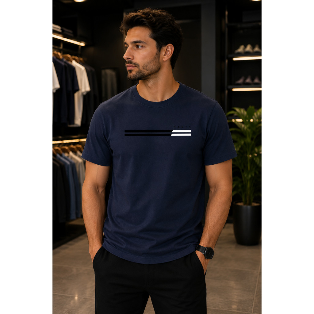 Camisa Masculina Algodão Paris Faixa Dupla Preto e Branco