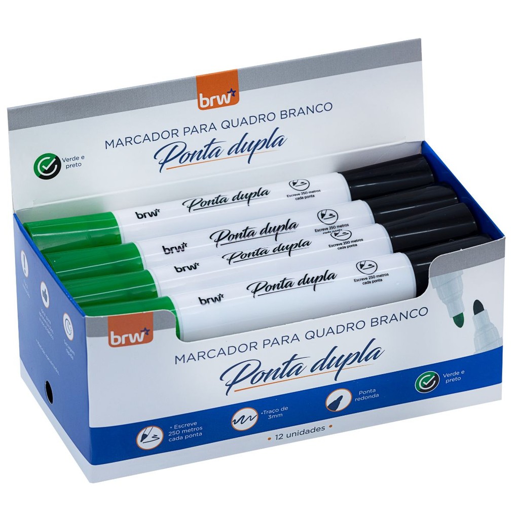 CX 12 MARCADOR PINCEL PARA QUADRO BRANCO 2 EM 1 PONTA DUPLA VERDE E PRETO FACULDADE ESCOLA - BRW