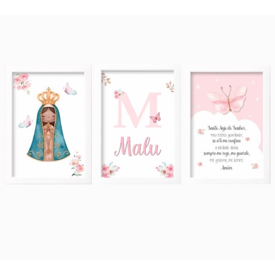 Kit 3 Quadros Decorativos Nossa Senhora Aparecida Personalizado Com Nome Quarto Infantil Menina Rosa Nuvens