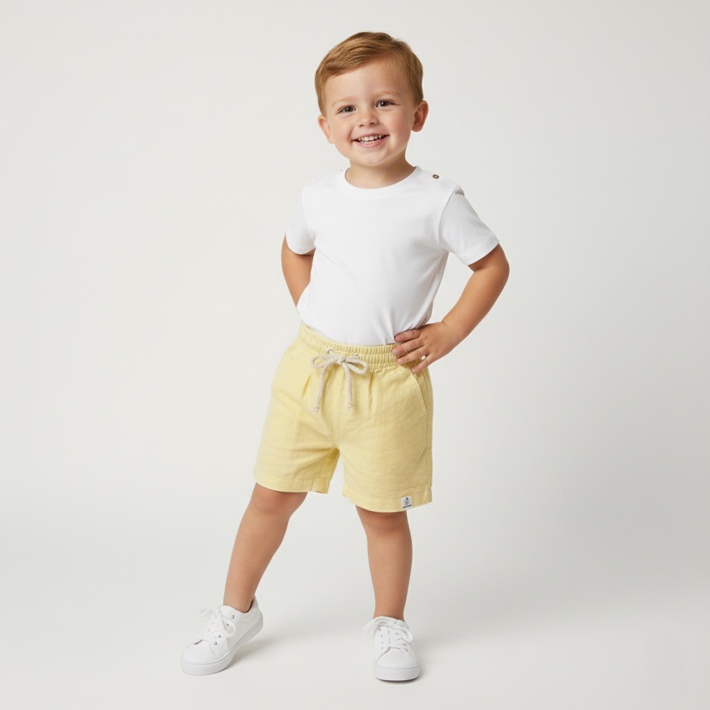 Shorts Linho Modelo Mauricinho Infantil  bermuda Menino Leve Confortável verão Amarelo manteiga