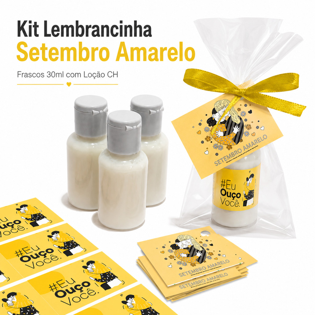 25 Hidratantes 30ml Setembro Amarelo Lembrancinha Corporativa com Tag e Adesivo