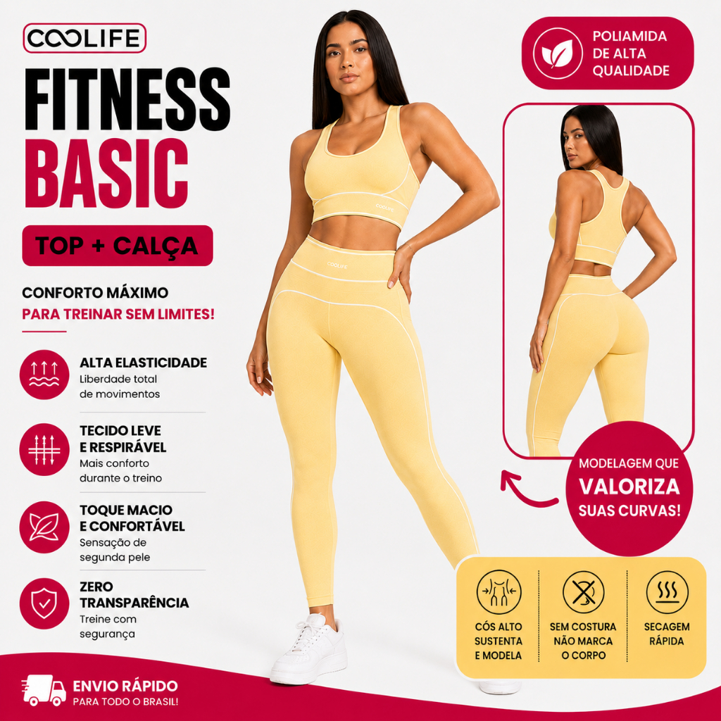 Conjunto Fitness Feminino Canelado Amarelo Manteiga Top + Legging Cintura Alta Academia Pilates Yoga