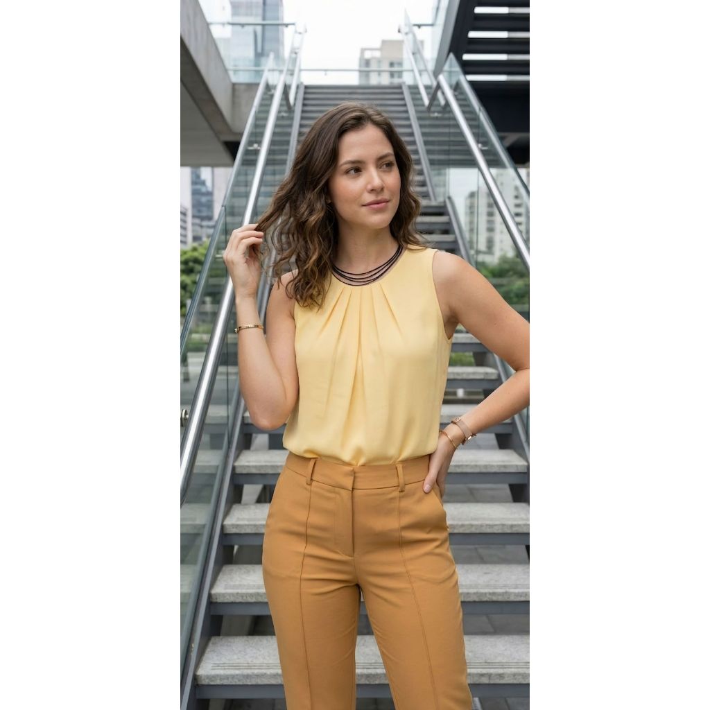 Blusa Feminina Regata Social Elegante Gola Pregueada Moda Executiva Casual Amarelo Manteiga