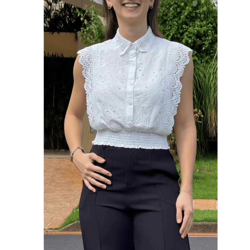 Blusa Cropped Laise Premium E Guipir 100% Algodão -Amarelo Manteiga/Azul ,off/Beje /Branco/Baunilha