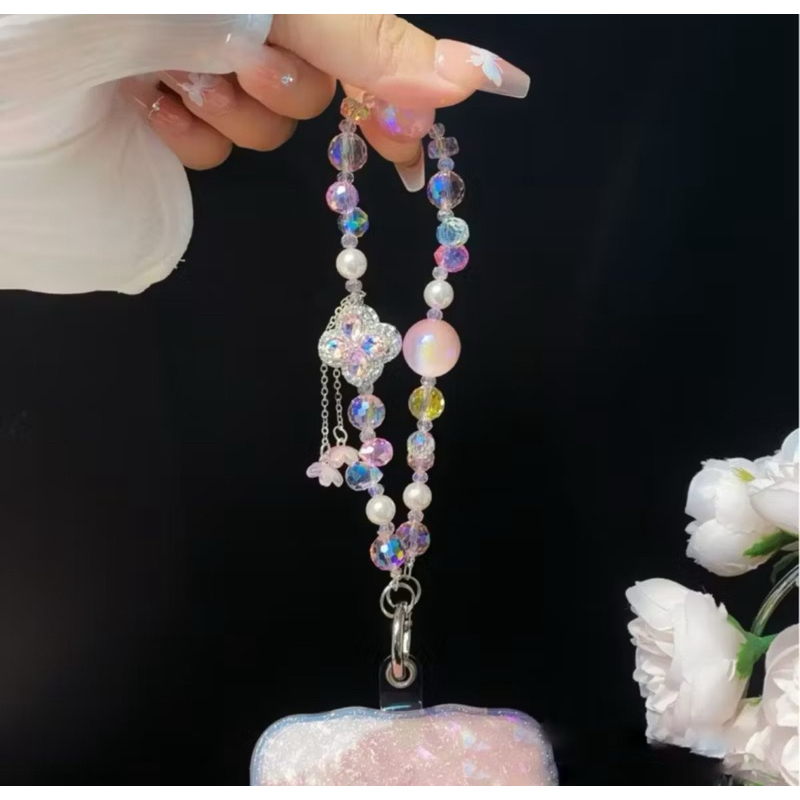 Cordão de Mão Celular de Luxo Miçangas Cristal Brilho Phone Strap Cordinha Pingente Trevo Pérolas