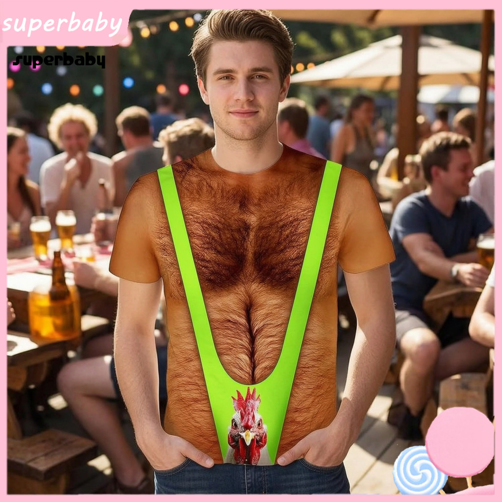 Humorous Men Top Bachelor Party T-shirt Funny Chest Hair Muscle for Fake Tee Six Pack Shirt Loose Fit Costume Carnival