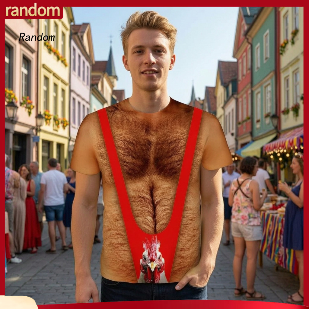 Carnival Costume T-shirt Men Humorous Top Funny Chest Hair Muscle for Fake Tee Six Pack Shirt Loose Fit Bachelor Party