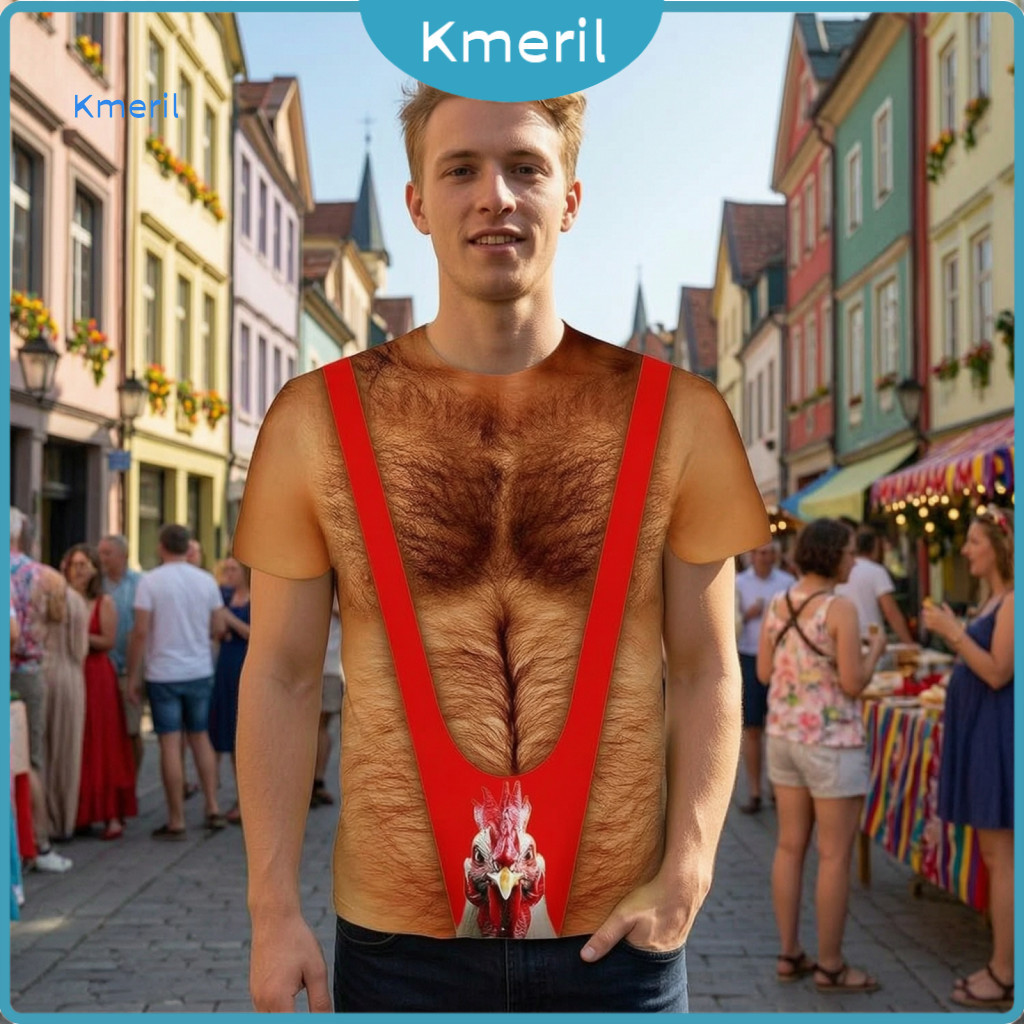 Themed Party Shirt Men Humorous Top Funny Chest Hair Muscle T-shirt for Fake Tee Six Pack Loose Fit Bachelor Costume Car