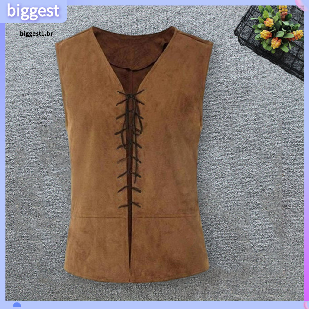 Halloween Costume Tank Top Medieval Style Vest Men's Pirate Vintage Lace-up Sleeveless for Cosplay Party Role Play – S