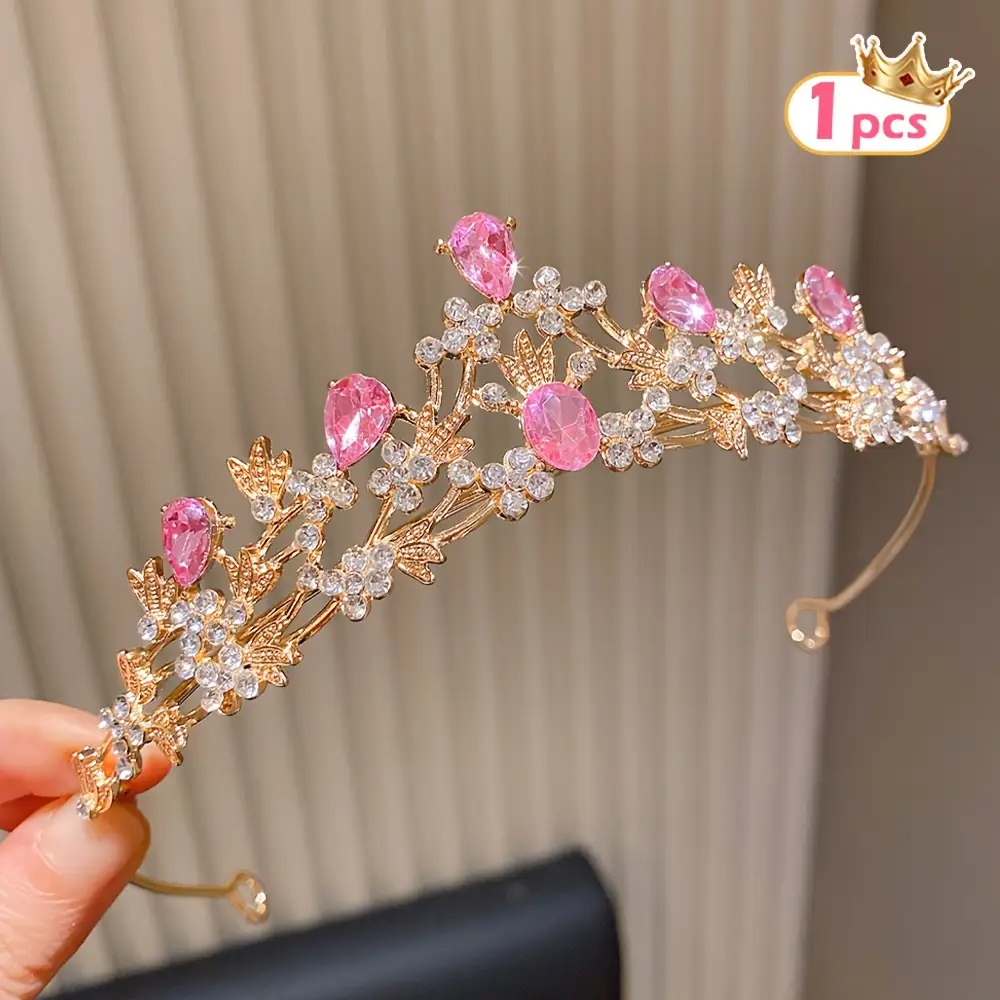 Tiara com Strass e Cristais ROSA - Design Floral em Tom Dourado, Detalhes de Pedras Preciosas Rosa, Perfeito para Festas