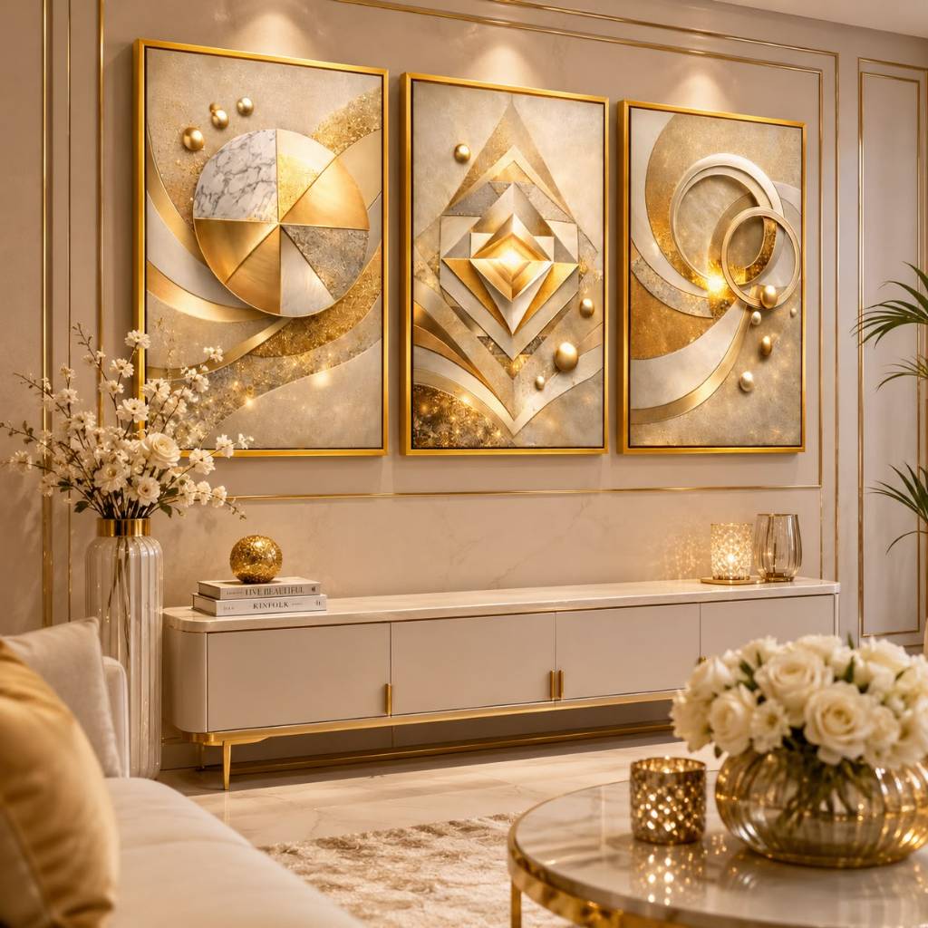 Quadros Decorativos 3 Peças Quarto luxuoso em tons dourados com detalhes em cristais e pérolas