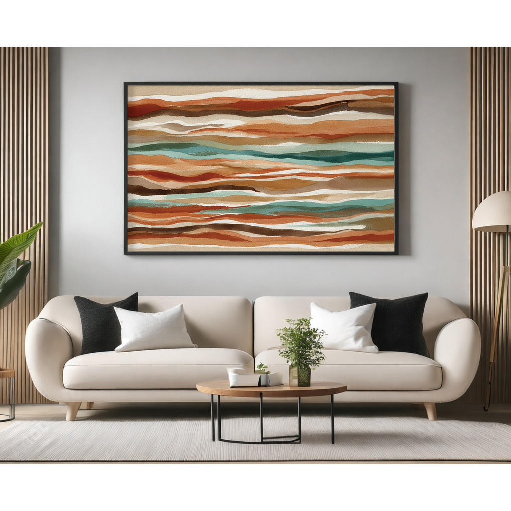 Quadro Decorativo com Moldura Acrilico Cristal Vidro Aquarela Tons Terrosos para Sala Quarto e Escritório Horizontal