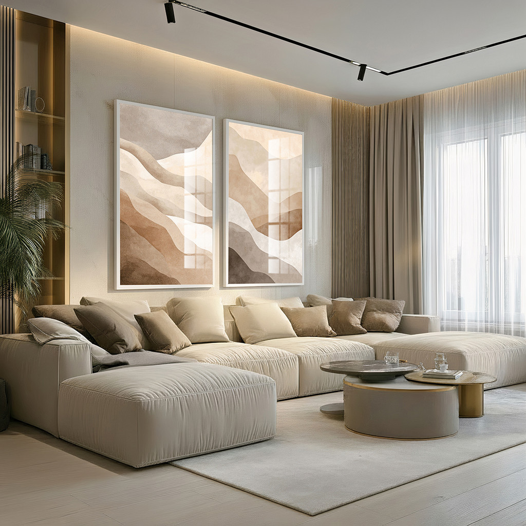 Quadros com Moldura e Acrilico Cristal Vidro Tons Bege Areia Kit 2 Quadros para Sala Quarto