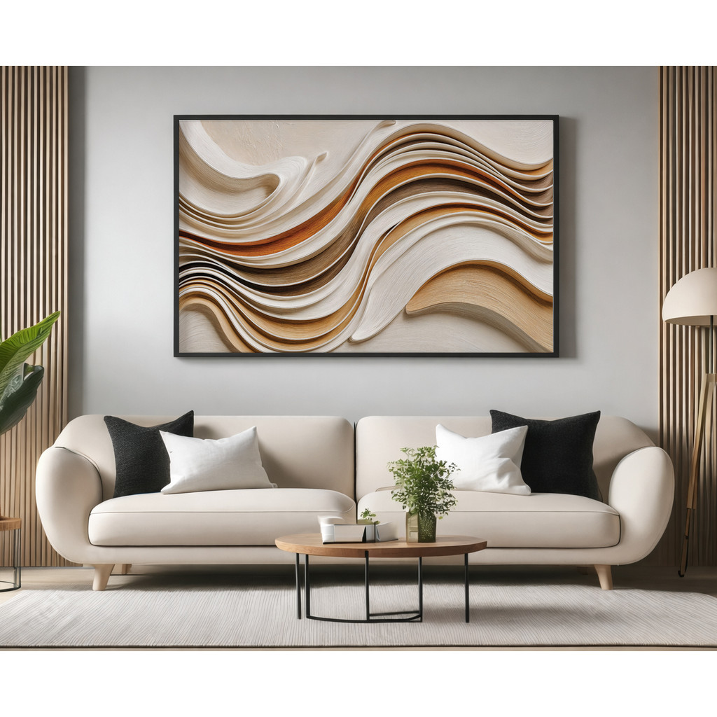 Quadro Decorativo com Moldura Acrilico Cristal Vidro Abstrato Moderno Tons Bege para Sala Quarto e Escritório Horizontal