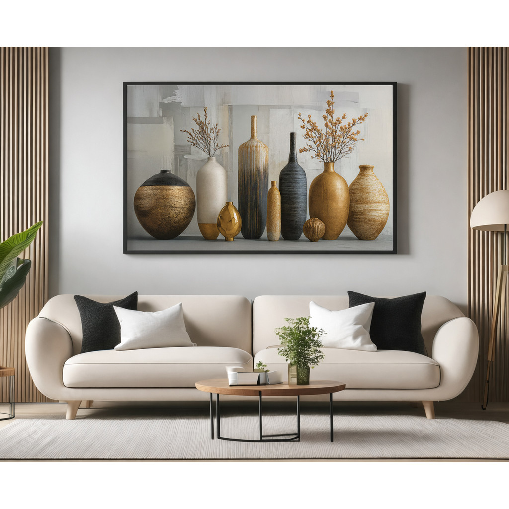 Quadro Decorativo com Moldura Acrilico Cristal Vidro Vasos Tons Azul Amarelo para Sala Quarto e Escritório Horizontal