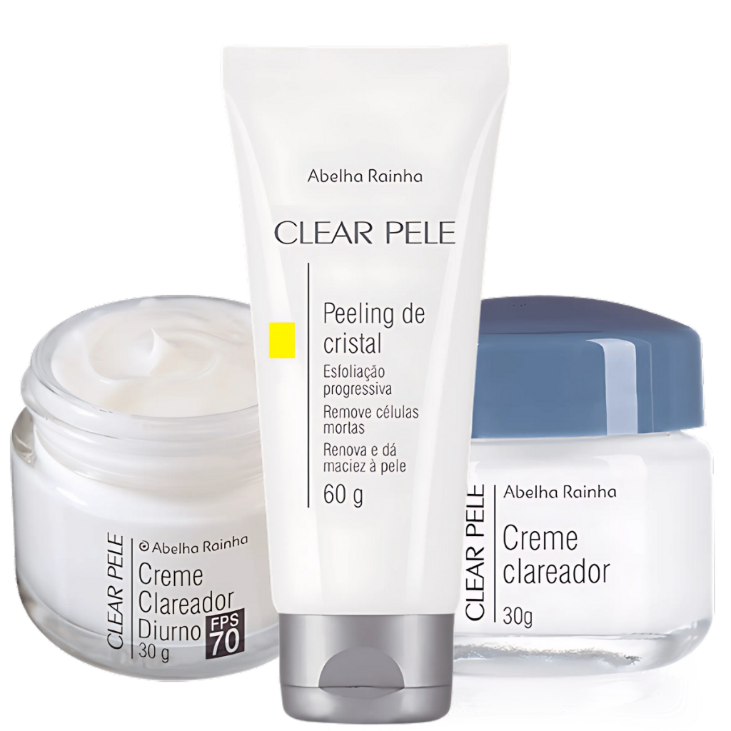 Kit Clareador Facial Abelha Rainha Creme Dia + Noite + Peeling de Cristal | Clareia Manchas, Melasma e Uniformiza tom .