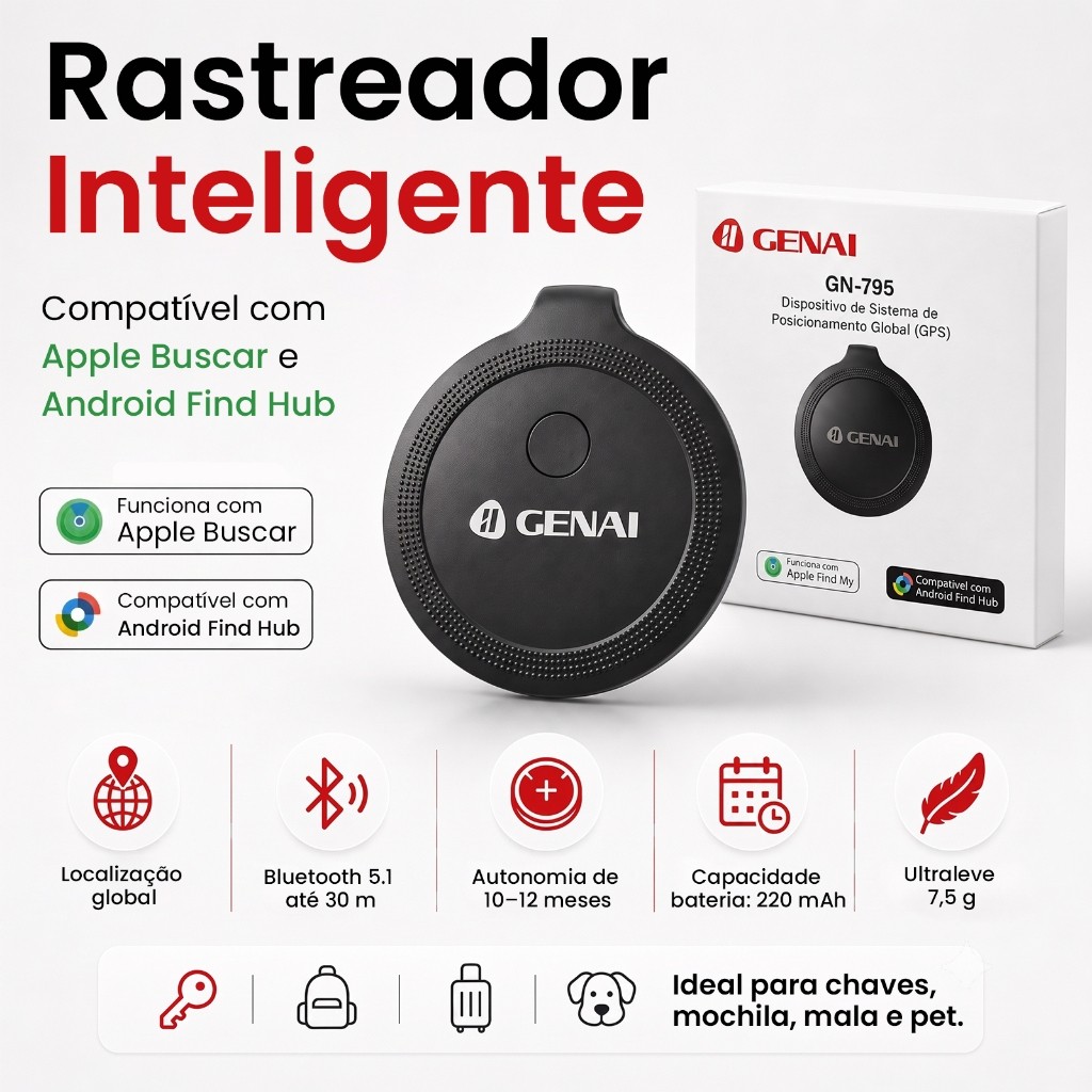 Rastreador Bluetooth Inteligente Compatível Apple Buscar e Android Find Hub Preto Compacto Leve 7,5g