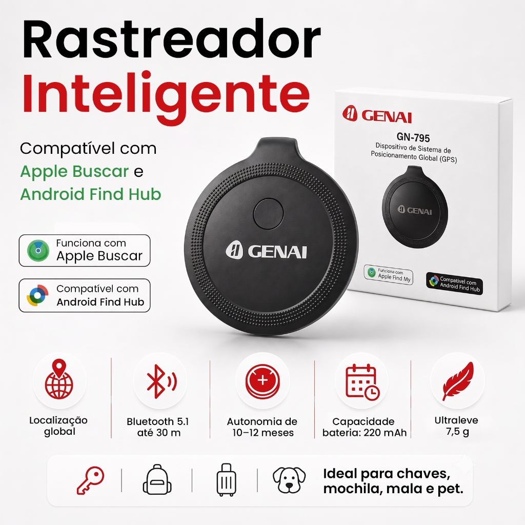Rastreador Bluetooth Inteligente Compatível Apple Buscar e Android Find Hub Preto Compacto Leve 7,5g