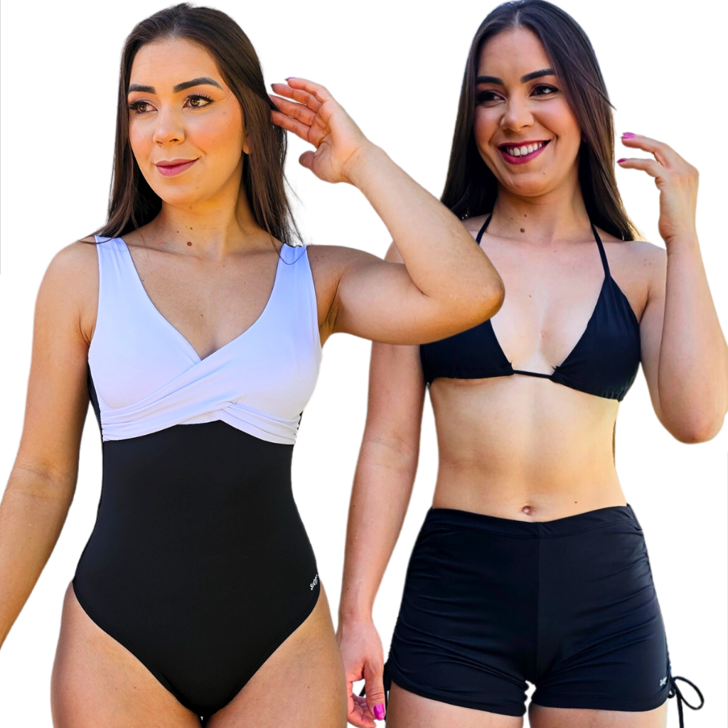 Kit Maio Bicolor Transpassado Bojo Removível Com Shortinho Leging Cintura Alta Moda Fitness Praia UV