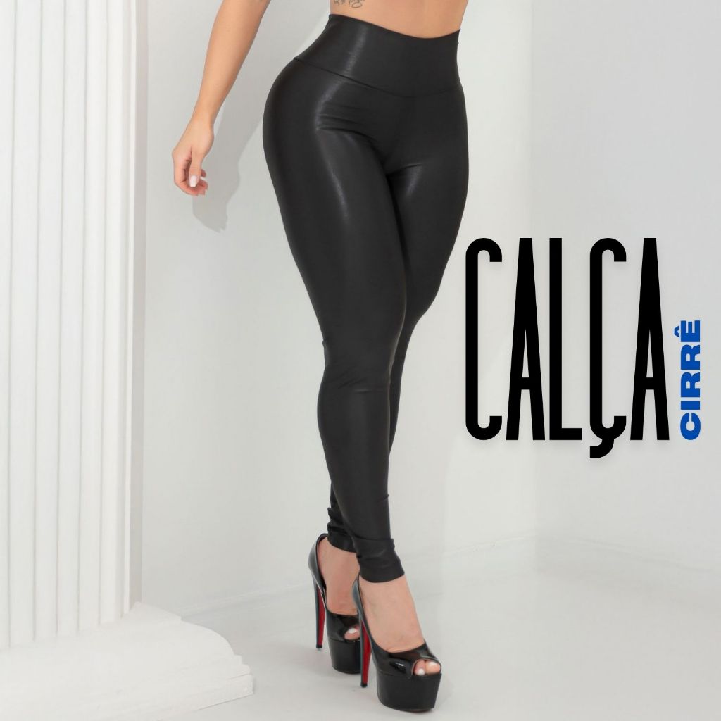 Calça Academia Cirrê Brilhoso Cós Alto Modela Cintura Confortável Fitness Casual Elegante Promoção