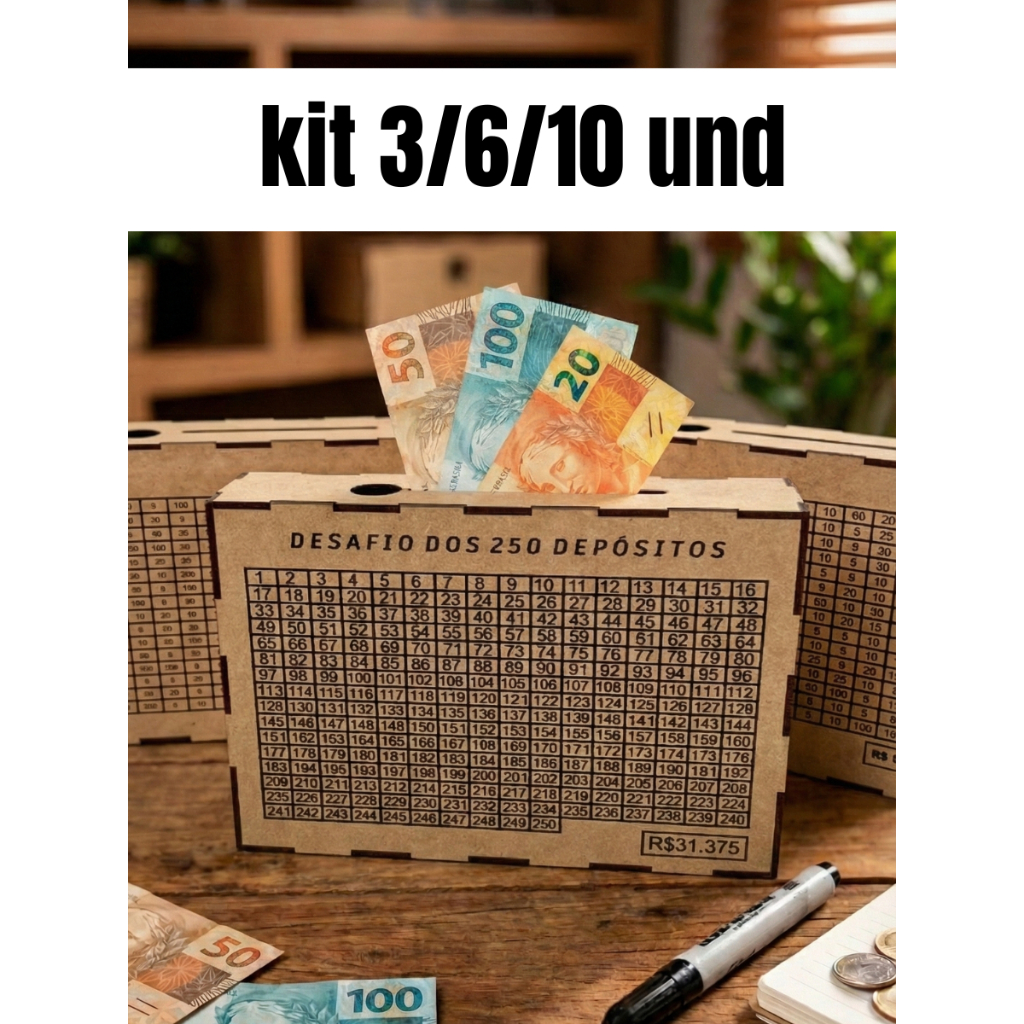Kit Caixa Cofre Mdf Desafio 5 Mil 10 Mil Ou 250 Depósitos Dinheiro Woodbox Poupança Tabela Metas