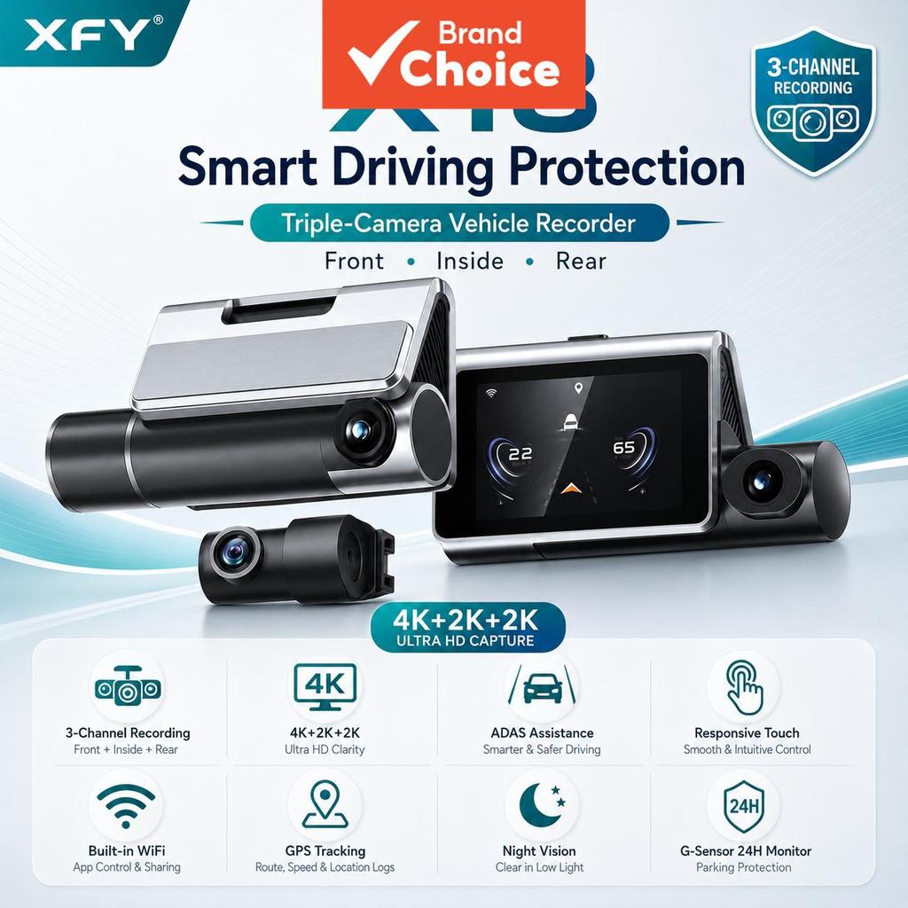 Xfy X18 3 Canais Traço Cam 4k 2k 2k WIFI Gps Adas Tela De Toque Visão Noturna G-sensor 24h Monitor De Estacionamento