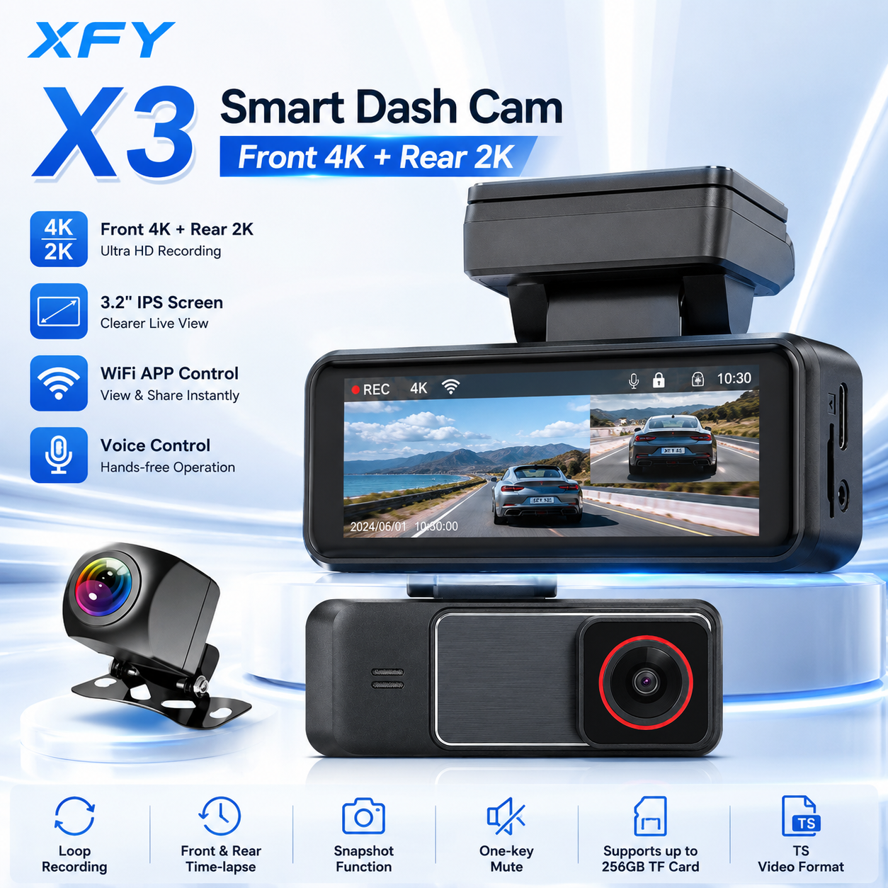 Xfy X3 4k + 2k Dual Dash Cam WIFI App Controle De Voz Tela Ips De 3.2 