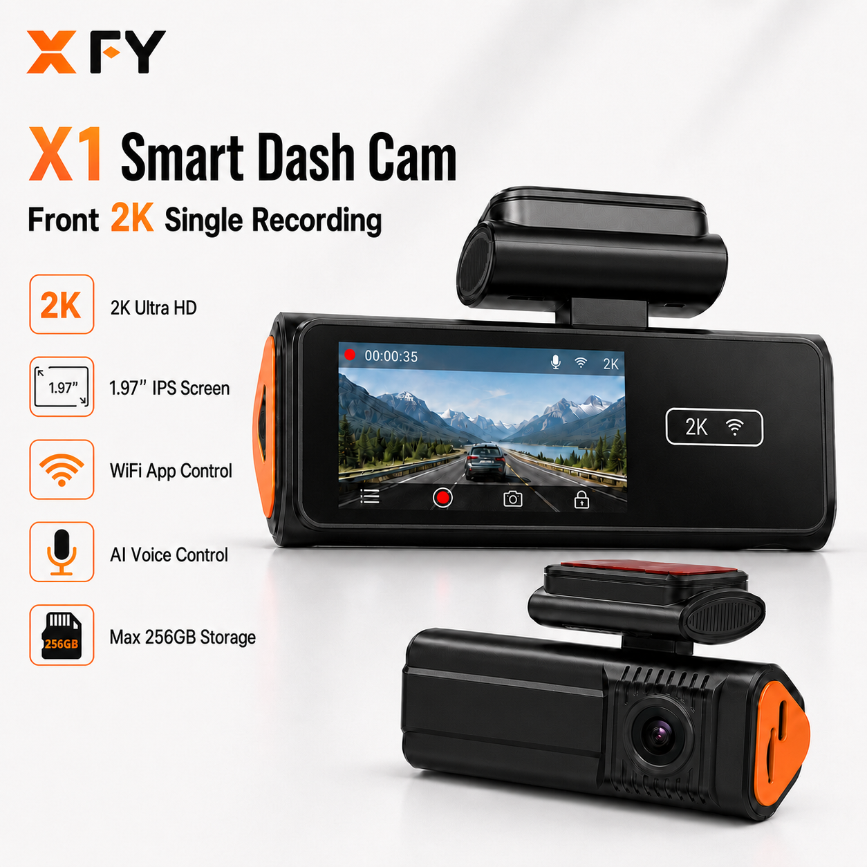 Xfy X1 2k Dash Cam WIFI Carro Dvr AI Controle De Voz Tela Ips De 1.97 Polegadas Gravação Em Loop Oculto Suporte De 256gb
