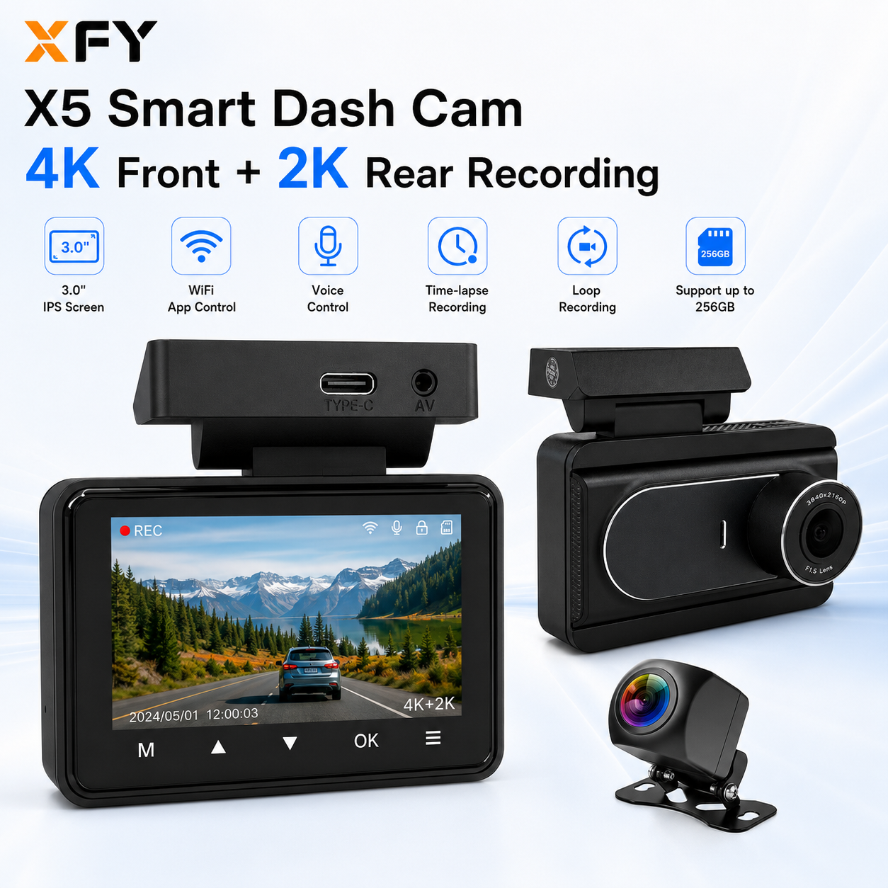 Xfy X5 4k Frente 2k Traseira Dash Cam WIFI App Controle Tela Ips De 3 Polegadas Gravação Em Loop De Voz