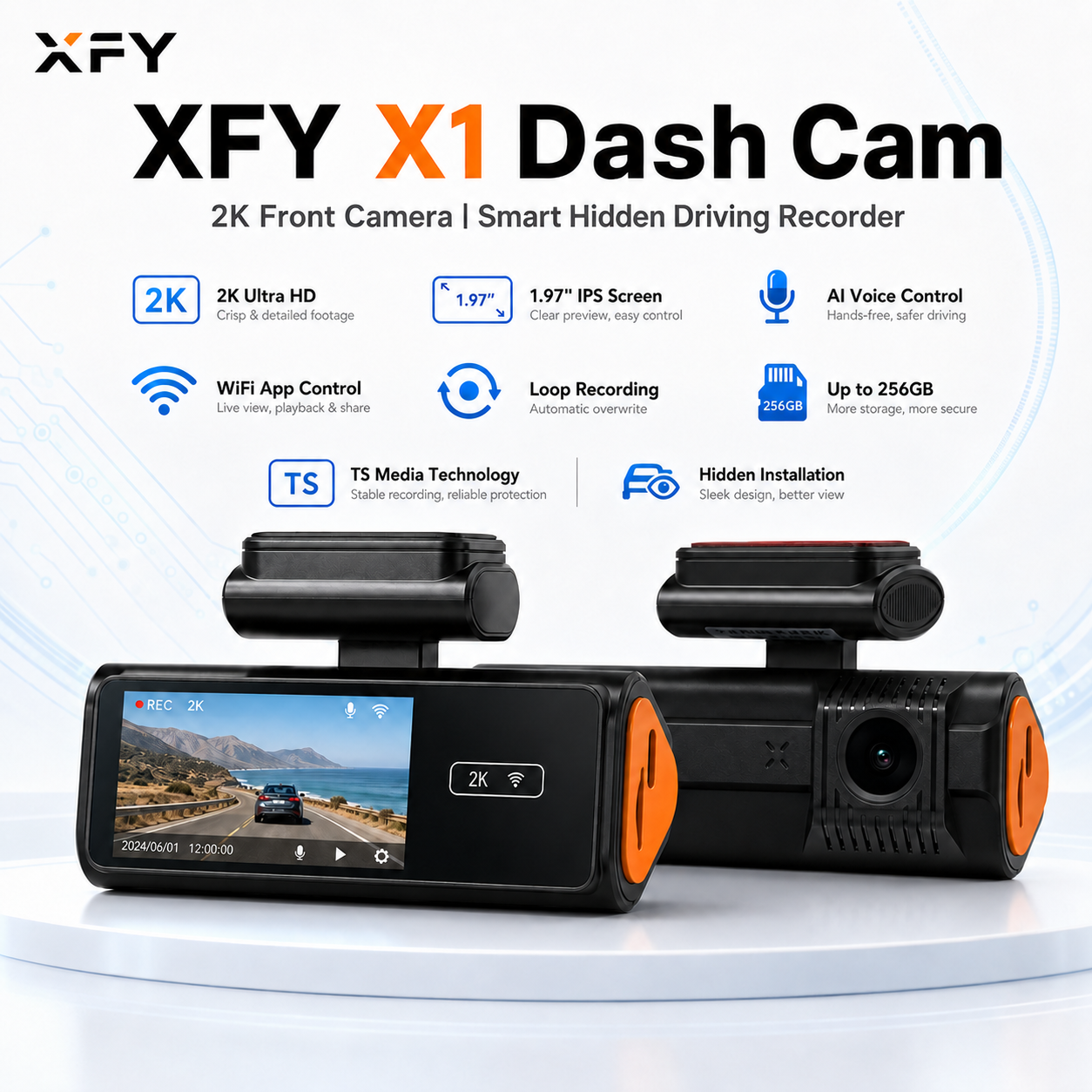 Xfy X1 2k Dash Cam WIFI App Control Gravador De Voz AI Oculto Tela Ips De 1.97 Polegadas