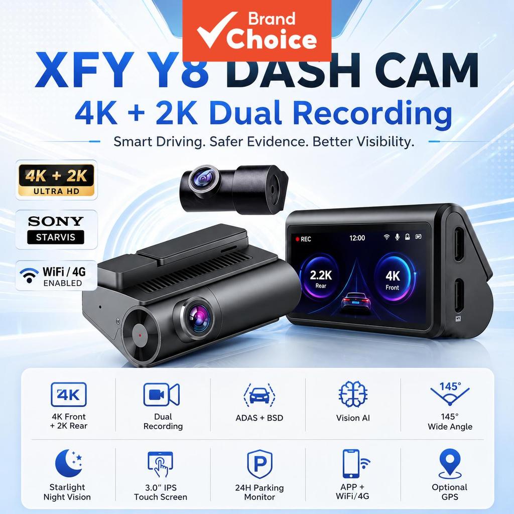 Xfy Y8 4k + 2k Dash Cam Frontal Traseira , Tela Sensível Ao Toque De 3.0 Polegadas , Adas Bsd , Visão Noturna , Aplicati