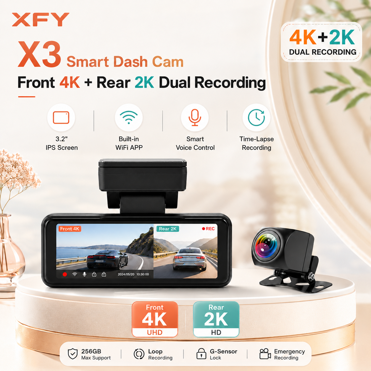 Xfy X3 Dash Cam Frontal 4k Traseira 2k Lente Dupla 3.2 Polegadas Ips WIFI App Controle De Voz Com Câmera