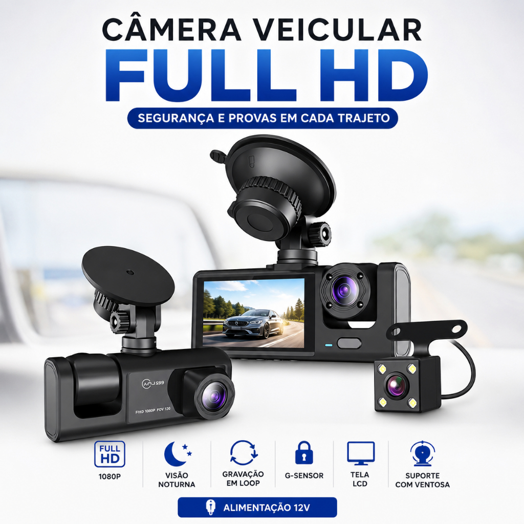 Dash Cam Veicular Full HD 1080p Tela LCD Visão Noturna Gravador DVR