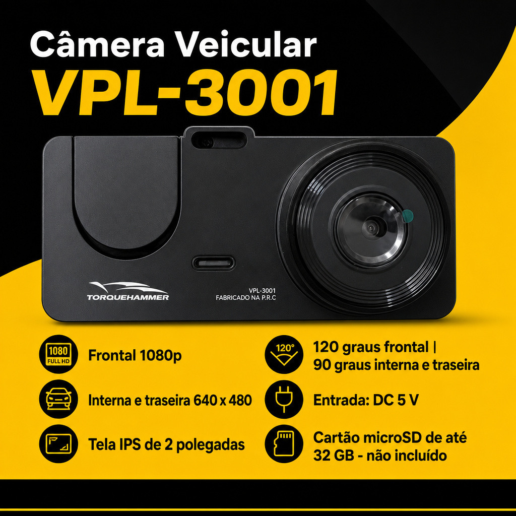 Camera Veicular De Carro Dash Cam Frontal 1080p Interna E Traseira 3 Visoes