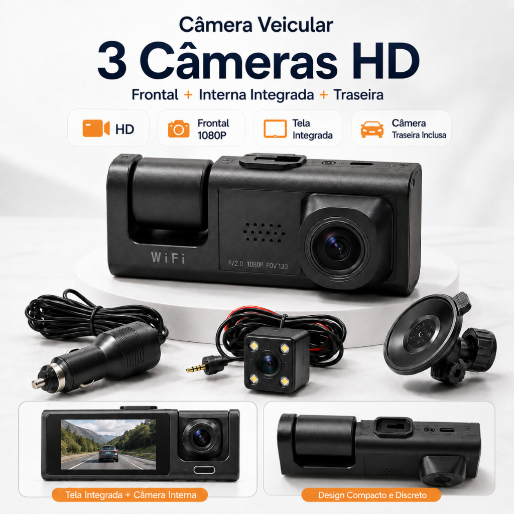 Câmera Veicular 3 Câmeras Dash Cam DVR Frontal Interna Traseira com Tela 2 Pol Full HD