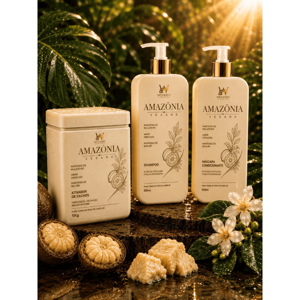 Kit Amazônia Vegano Wonder Cosmetics | Shampoo 500ml + Máscara Condicionante 500ml + Ativador de Cachos 1kg | Nutrição P
