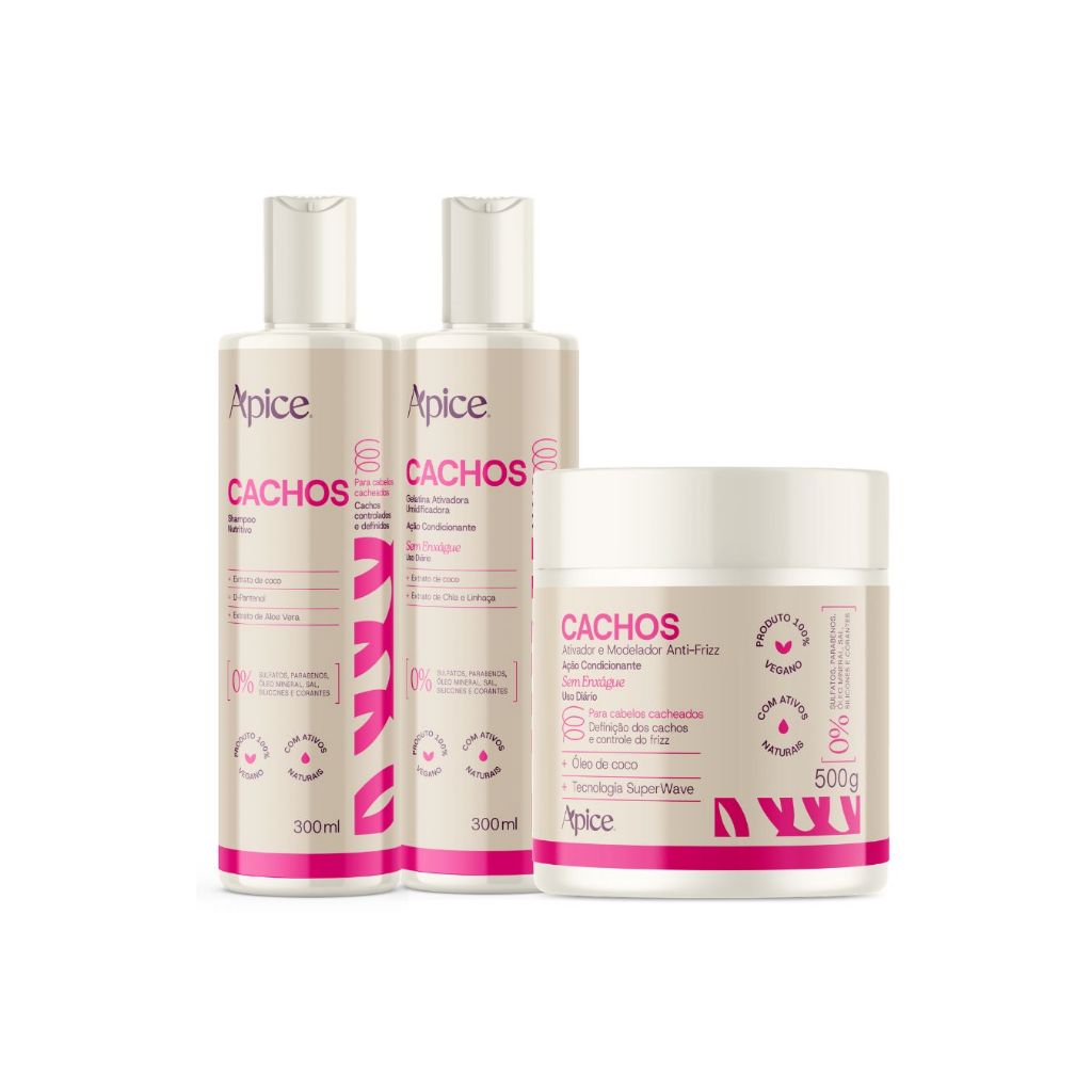 Kit Apice Shampoo 300ml, Gelatina 300ml E Ativador 500ml  - Apice Cosmetics