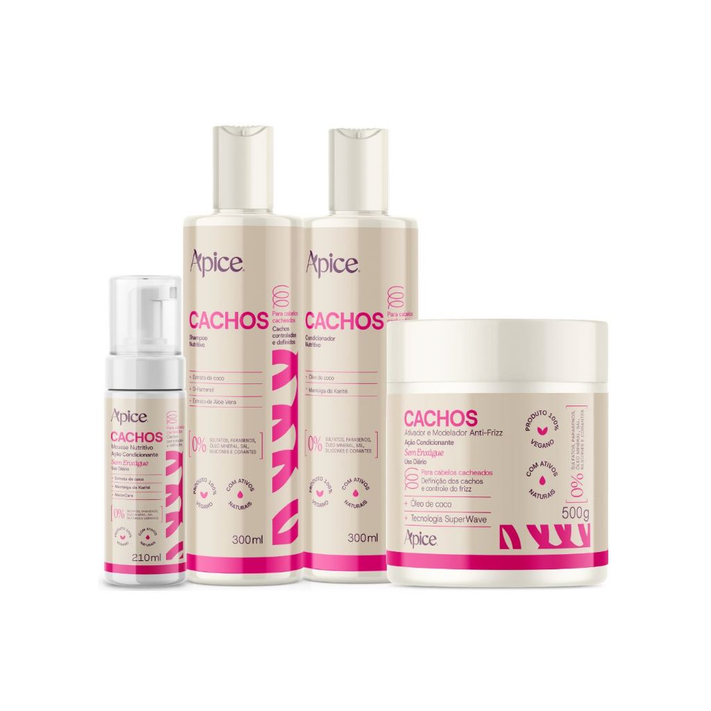 Kit Cachos Sos Shampoo Condicionador 300ml Ativador 500ml Mousse 210ml Apice
