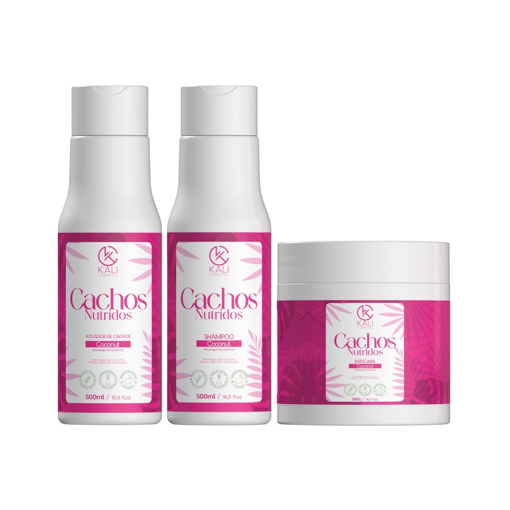 Kit Ativador de Cachos 500ml + Shampoo Hidratante 500ml + Máscara Nutrição 500g óleo de Coco