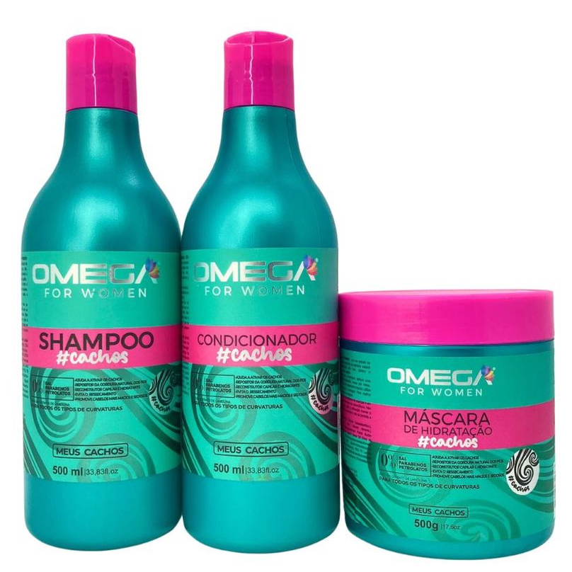 Kit Capilar Ativador de Cachos Shampoo + Condicionador + Mascara 500ml Omega Hair