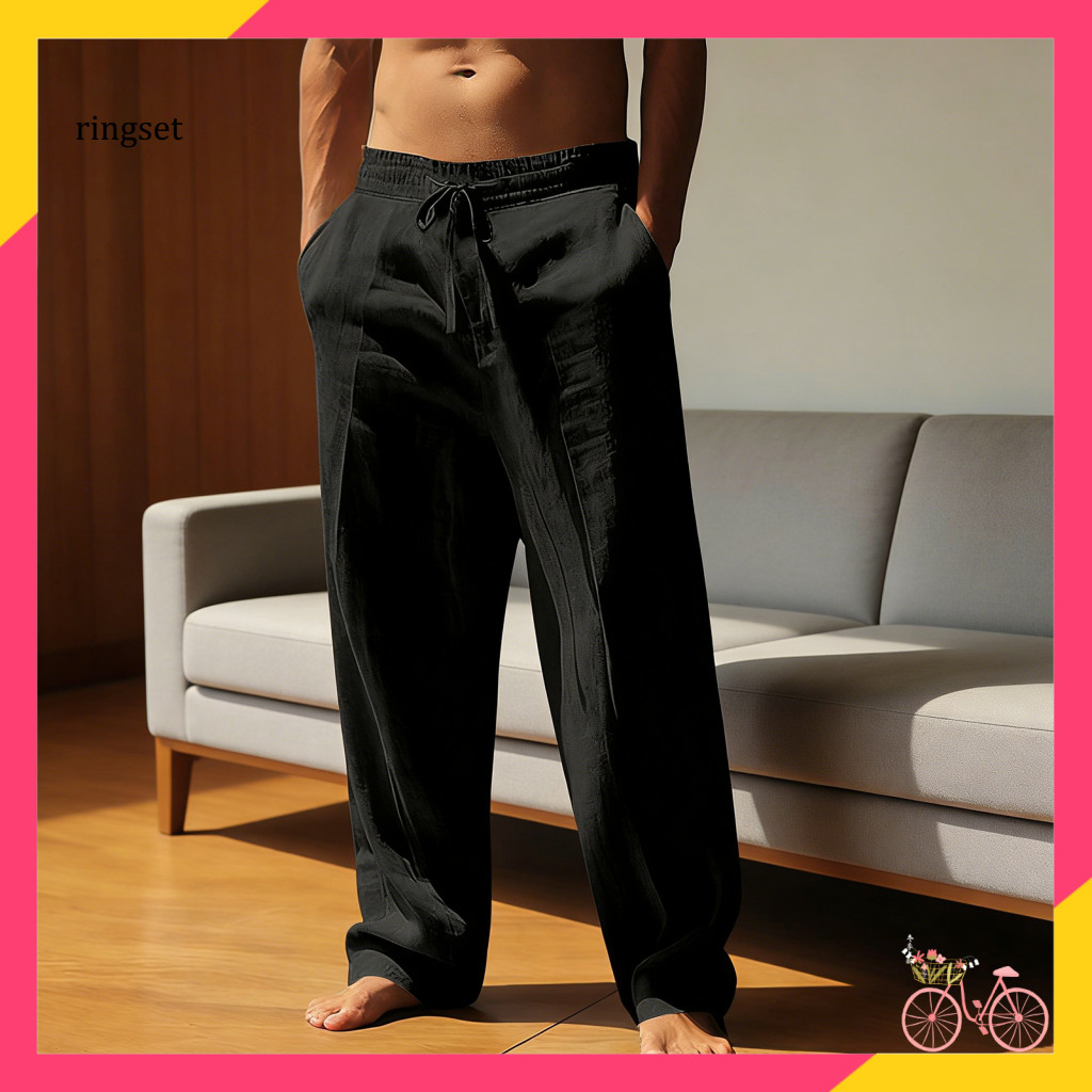 Soft Polyester Pants Basic Style Beach Men's Casual Drawstring Waist Loose Fit Straight Leg Summer Trousers for Yoga Hol