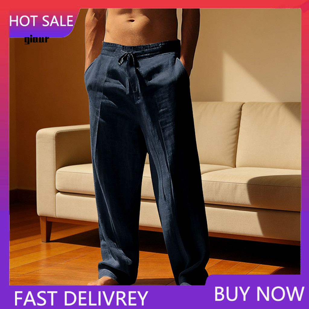 Basic Style Beach Pants Soft Polyester Men's Casual Drawstring Waist Loose Fit Straight Leg Summer Trousers for Yoga Hol