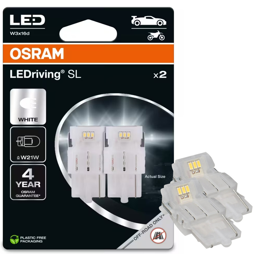 Par Lâmpada LED Osram T20 W21W 6000K 1 Polo Branca Interna Placa Automotiva
