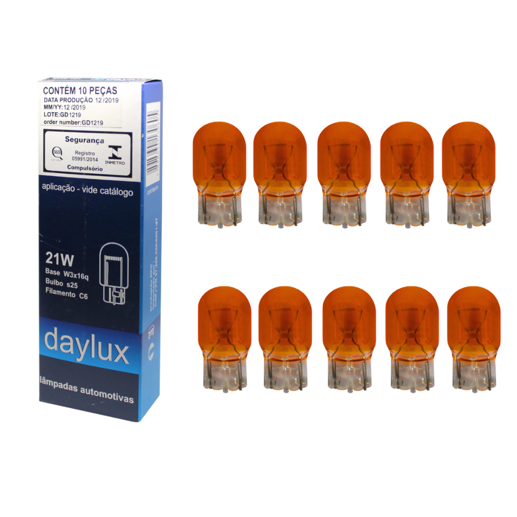 Kit 10 Lampadas Automotiva Esmagadas Super Pingao T20 7505 12V Ambar - Daylux