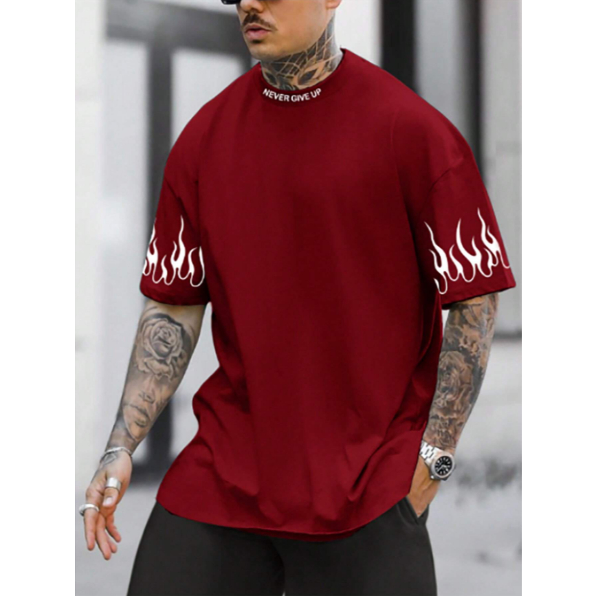 Camiseta Oversized Mangas Fogo Maculina Estampada Streetwear Grande